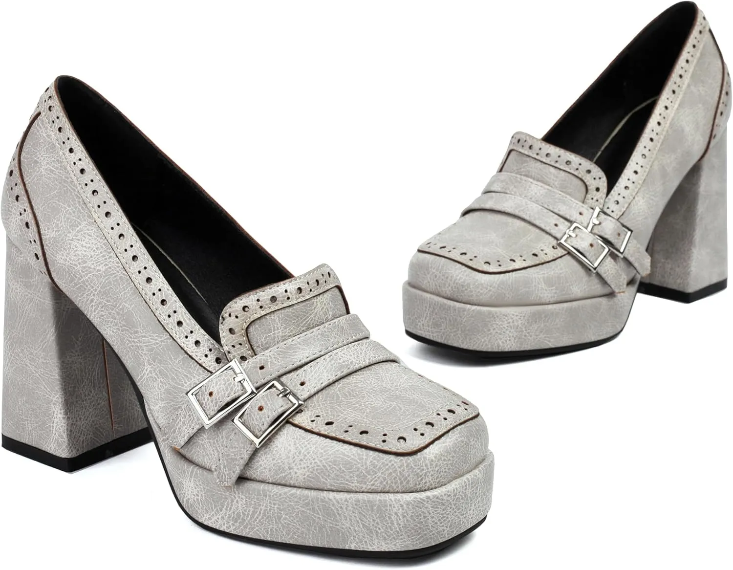 Women's Block High Heel Loafer Platform Chunky Double Buckle Square Toe Vintage Pumps Dress Shoes