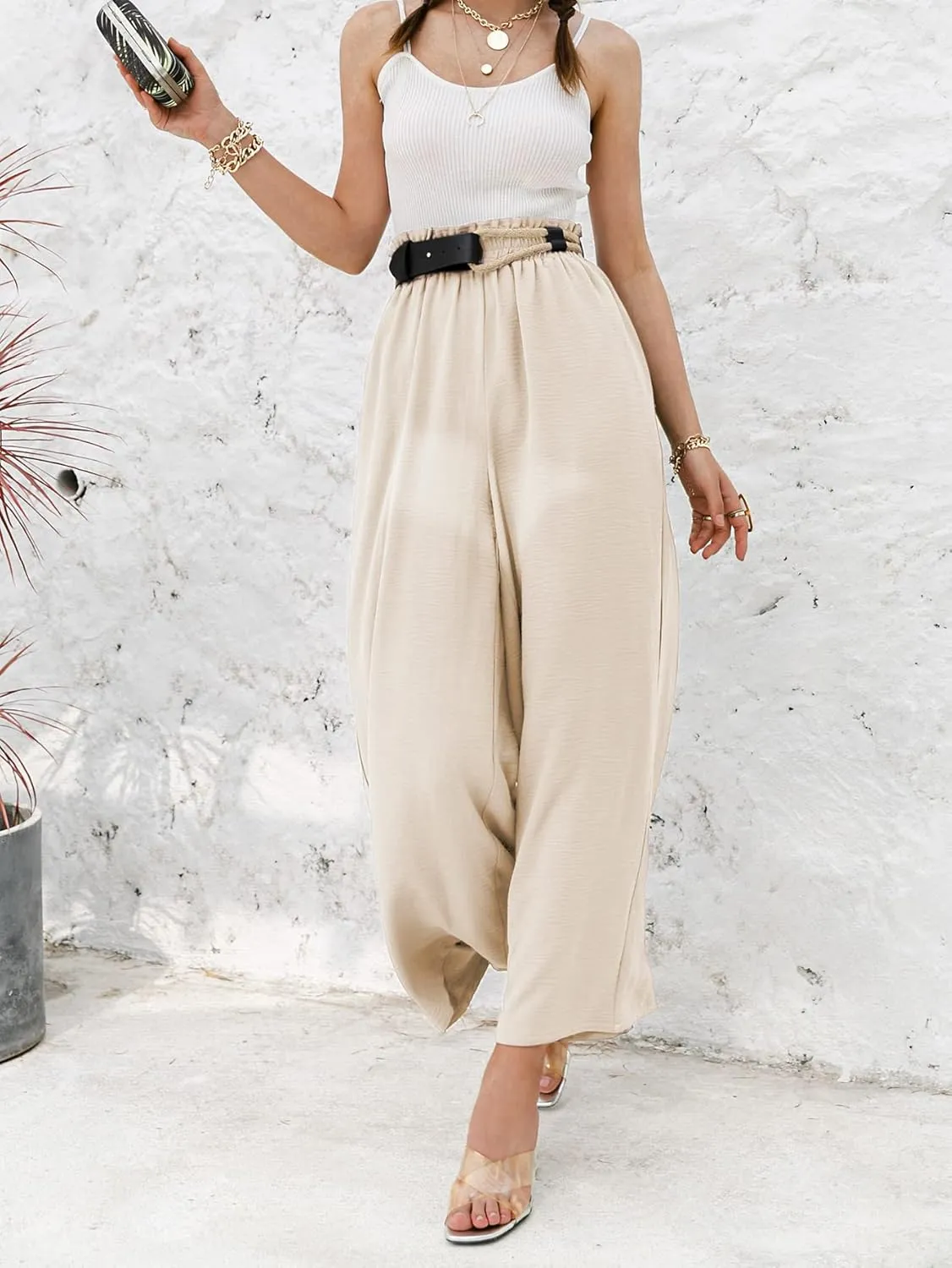 Women's Boho High Waisted Palazzo Pants Summer Beach Wide Leg Flowy Pants