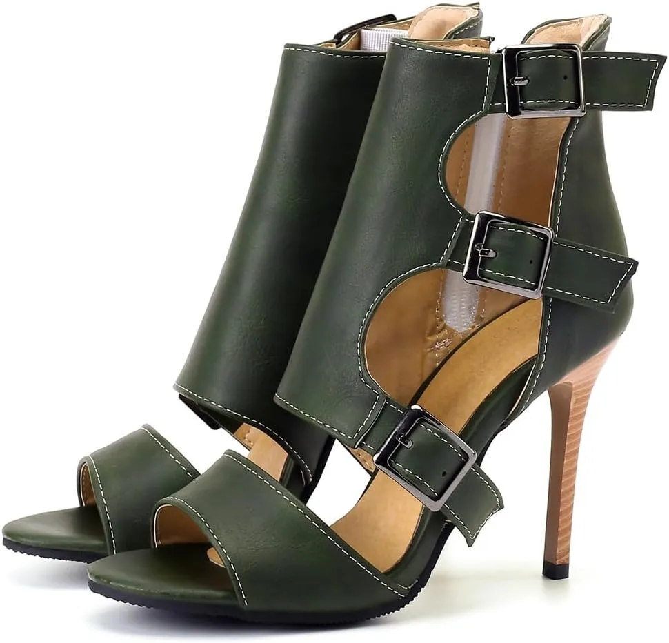 Women's Buckle Ankle Strappy Dressy Heeled Sandals Open Toe Gladiator Side Zip Stilettos High Heel Party Sandal