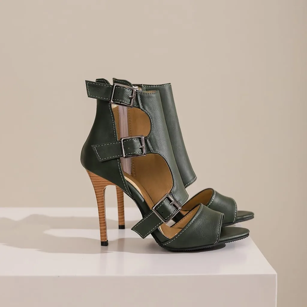 Women's Buckle Ankle Strappy Dressy Heeled Sandals Open Toe Gladiator Side Zip Stilettos High Heel Party Sandal