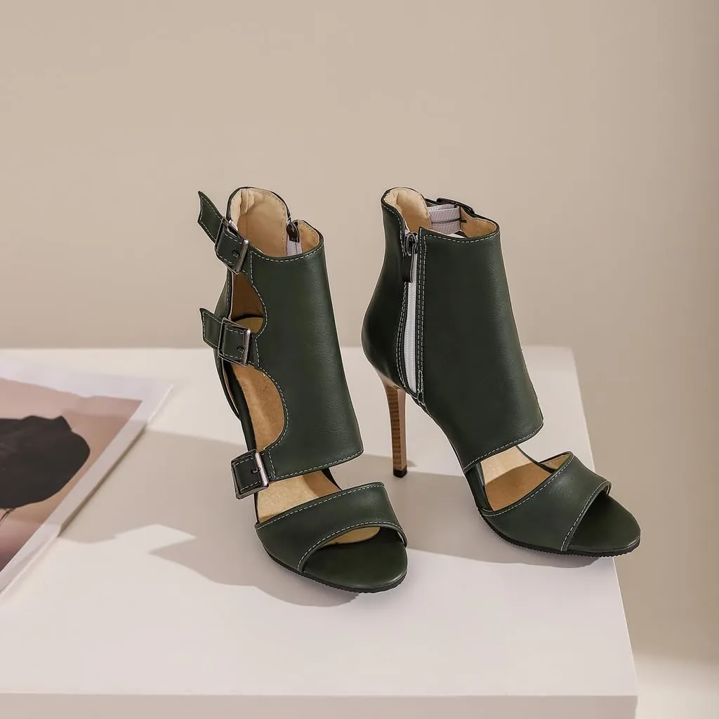 Women's Buckle Ankle Strappy Dressy Heeled Sandals Open Toe Gladiator Side Zip Stilettos High Heel Party Sandal