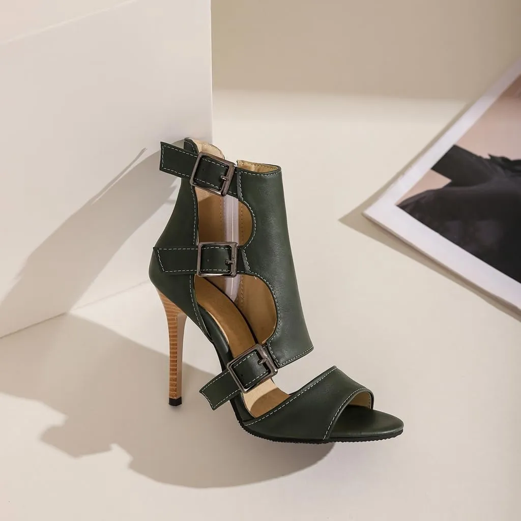 Women's Buckle Ankle Strappy Dressy Heeled Sandals Open Toe Gladiator Side Zip Stilettos High Heel Party Sandal
