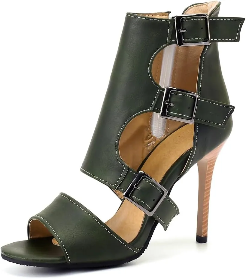 Women's Buckle Ankle Strappy Dressy Heeled Sandals Open Toe Gladiator Side Zip Stilettos High Heel Party Sandal