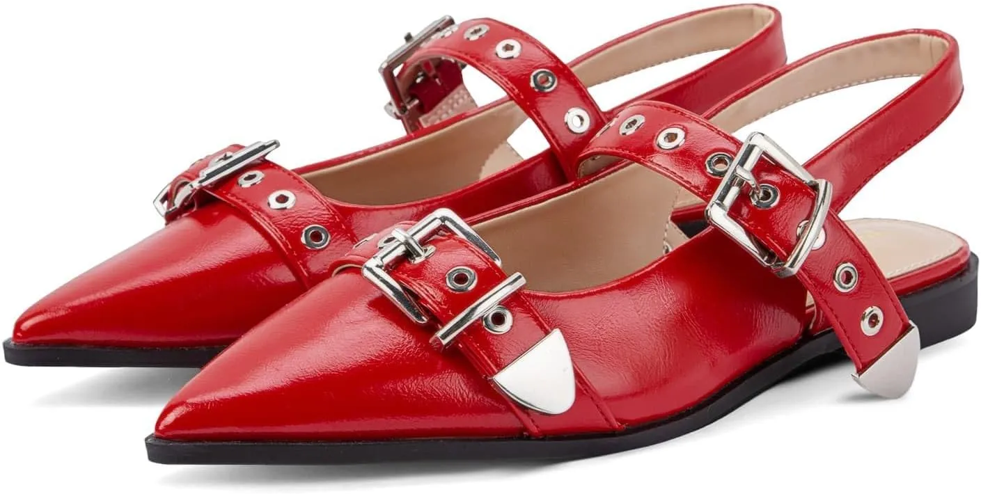 Women's Buckle Ballet Flats Pointed Closed Toe Slingback Shoes with Low Heel Comfortable Dress Flats