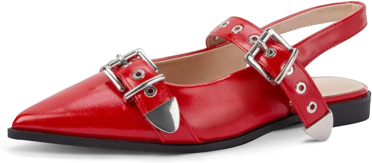 Women's Buckle Ballet Flats Pointed Closed Toe Slingback Shoes with Low Heel Comfortable Dress Flats