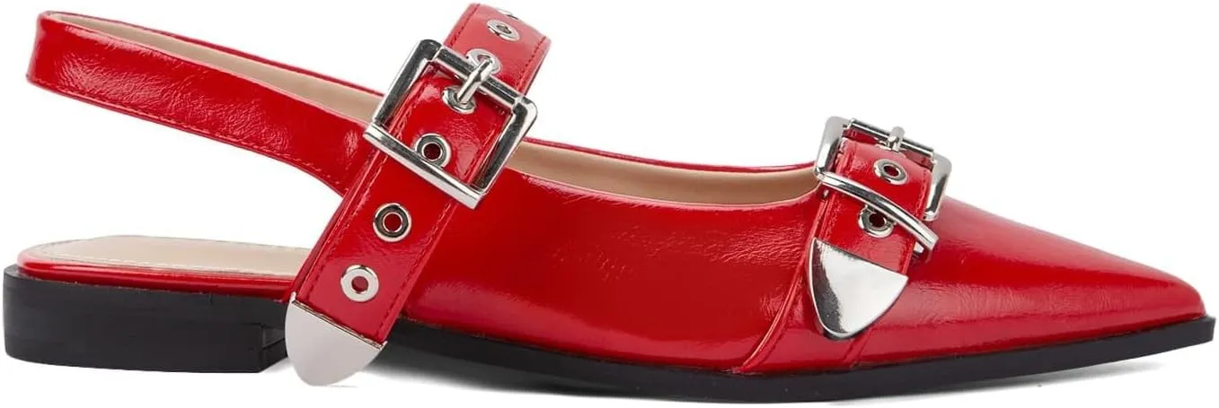 Women's Buckle Ballet Flats Pointed Closed Toe Slingback Shoes with Low Heel Comfortable Dress Flats