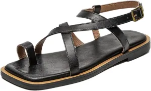 Womens Buckle Strap Back Strap Flat Heel Open Side Vamp Gladiator Sandals Cow Leather Vintage Strap Roman Casual