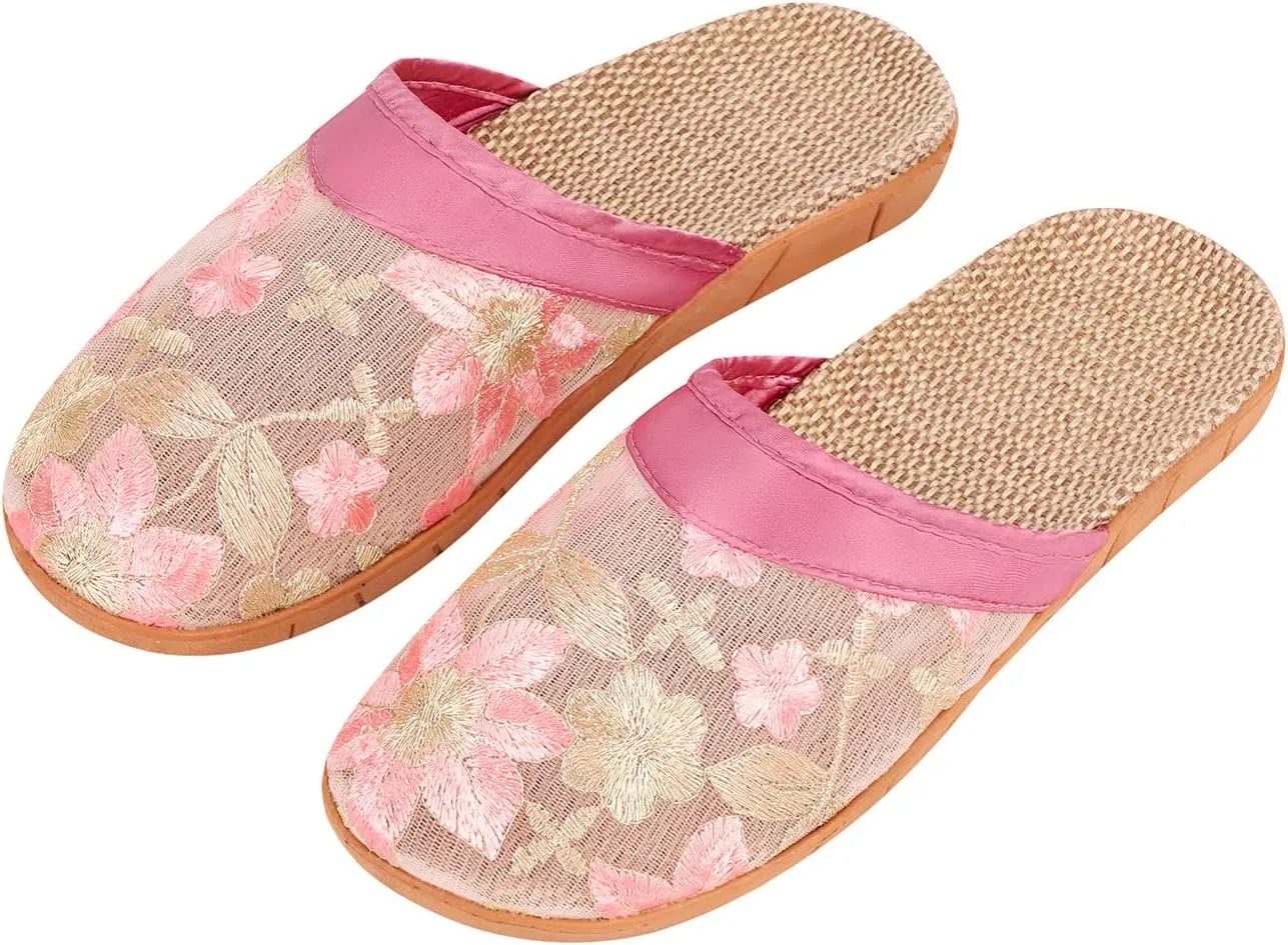 Women's Chinese Mesh Slippers Summer Chinese Floral Mesh Sandals Slides Medium Width Lightweight House Slippers