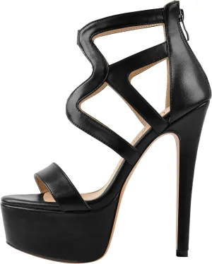 Women's Crisscross Platform Gladiator Peep Open Toe Ankle Starp Cut Out Stilettos High Heels Sandals with Zipper