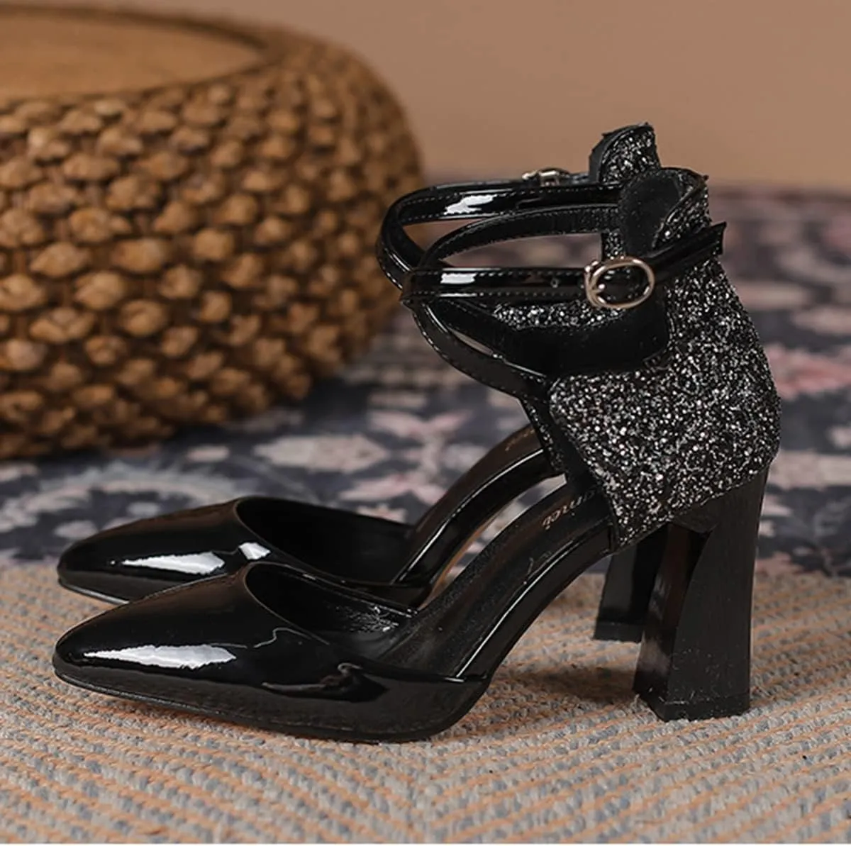 Womens Cross-Tied Court Shoes Pointed Toe Block Heel Pumps