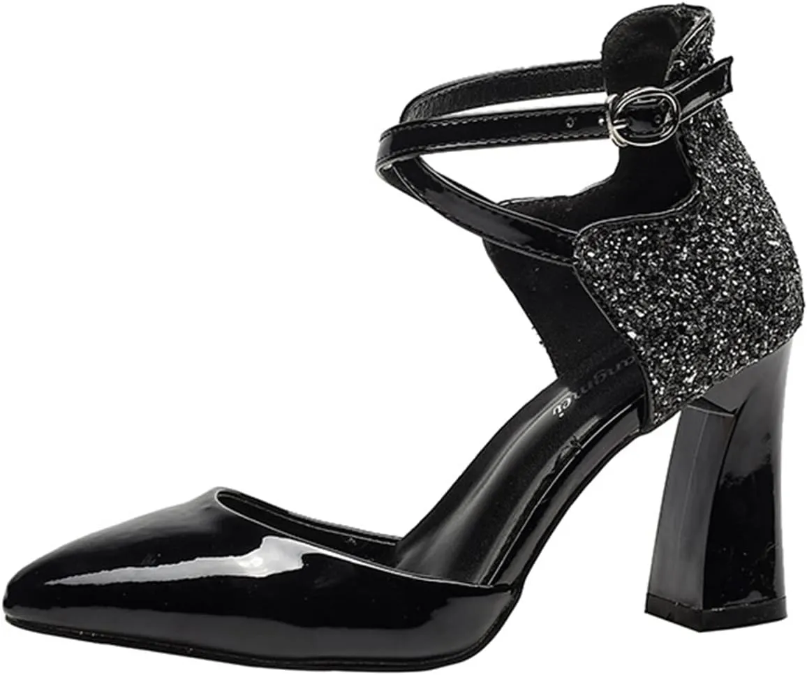 Womens Cross-Tied Court Shoes Pointed Toe Block Heel Pumps
