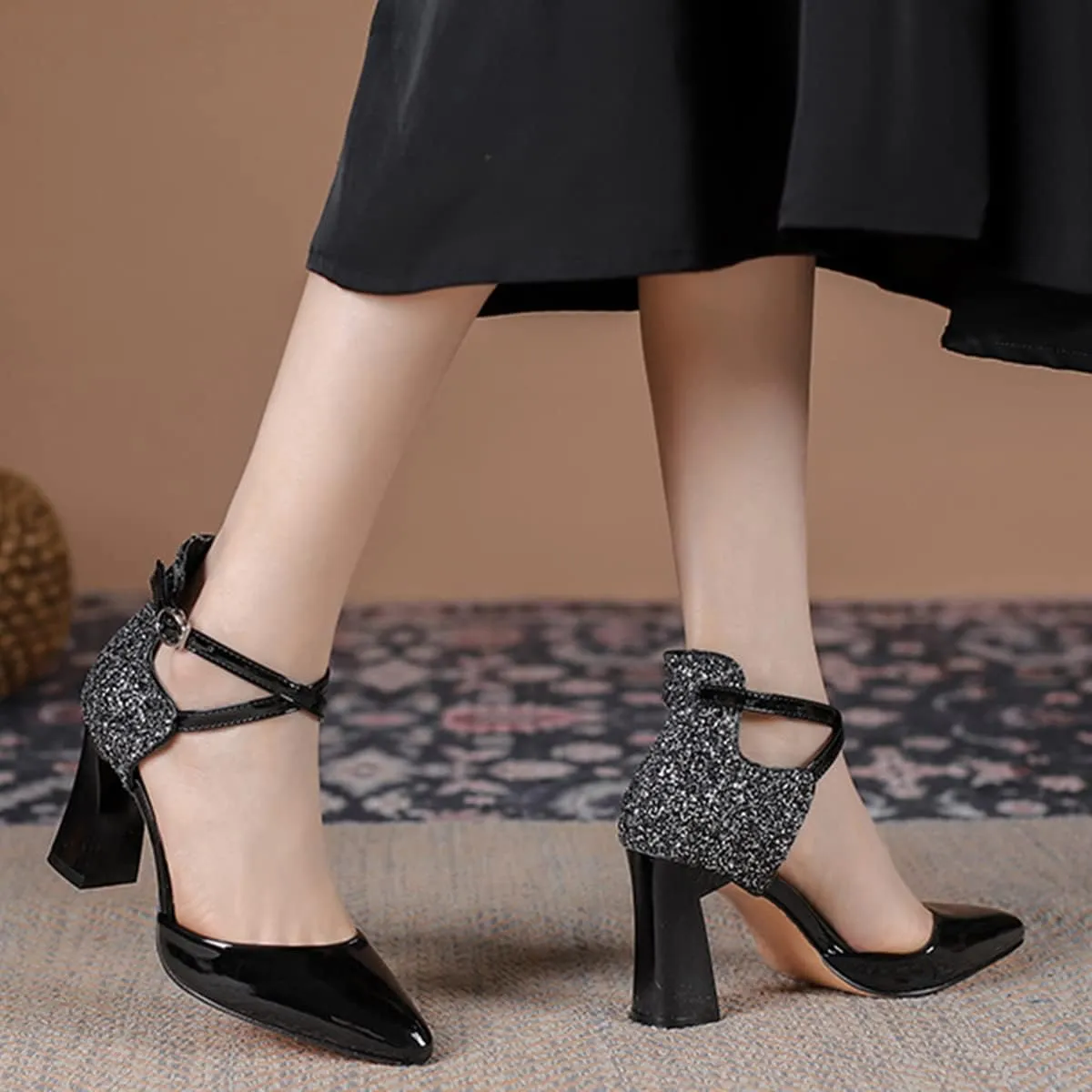 Womens Cross-Tied Court Shoes Pointed Toe Block Heel Pumps
