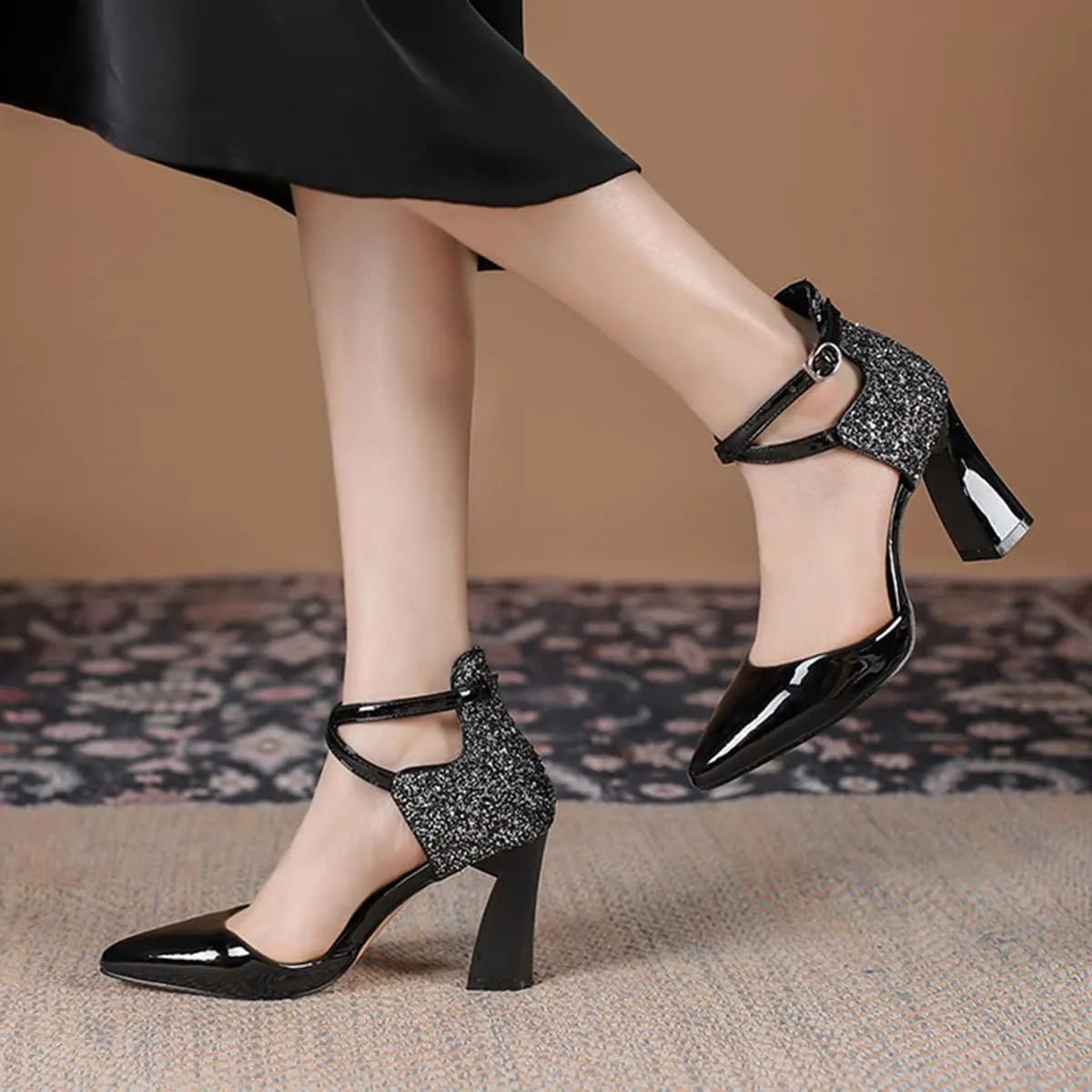 Womens Cross-Tied Court Shoes Pointed Toe Block Heel Pumps