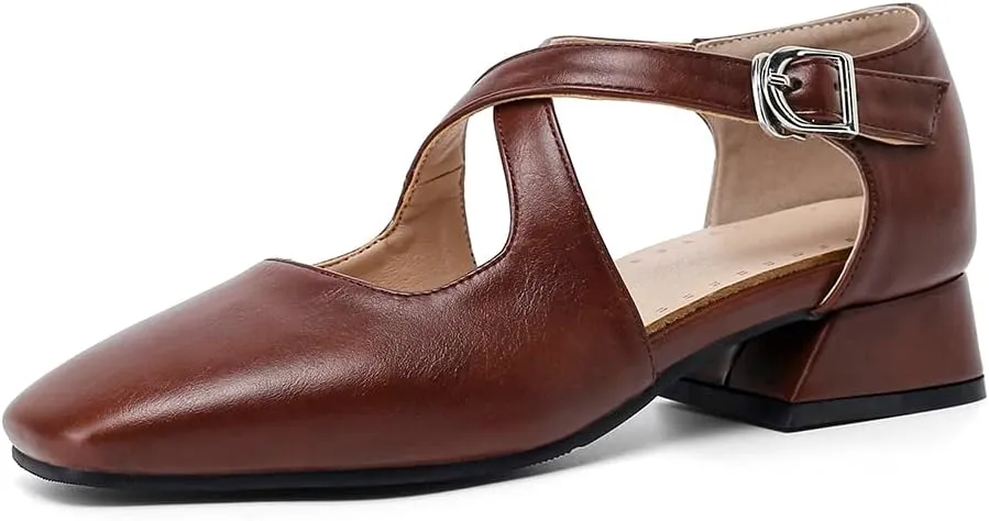 Womens Cross-tied Court Shoes Square Toe Low Block Heel Pumps Ladies Ankle Strap Sandals