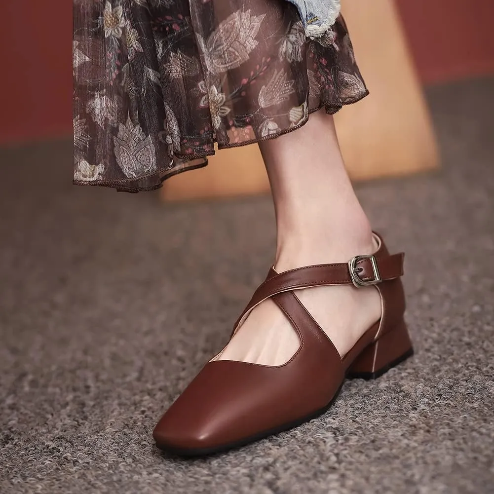 Womens Cross-tied Court Shoes Square Toe Low Block Heel Pumps Ladies Ankle Strap Sandals
