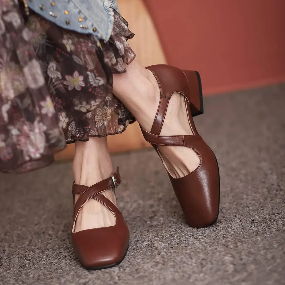 Womens Cross-tied Court Shoes Square Toe Low Block Heel Pumps Ladies Ankle Strap Sandals