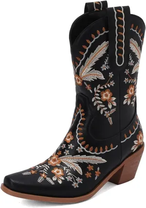 Womens Embroidered Cowgirl Boots Pull On Cowboy Boots for Women Floral Low Chunky Heel Western Boots