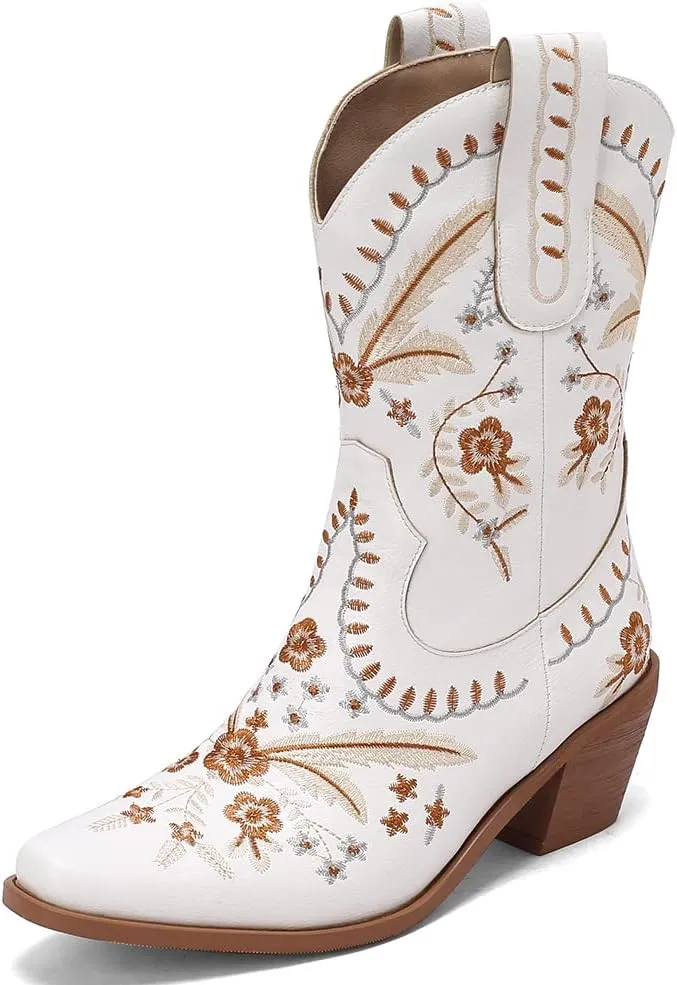 Womens Embroidered Cowgirl Boots Pull On Cowboy Boots for Women Floral Low Chunky Heel Western Boots