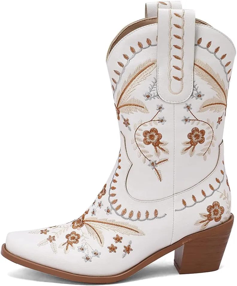 Womens Embroidered Cowgirl Boots Pull On Cowboy Boots for Women Floral Low Chunky Heel Western Boots