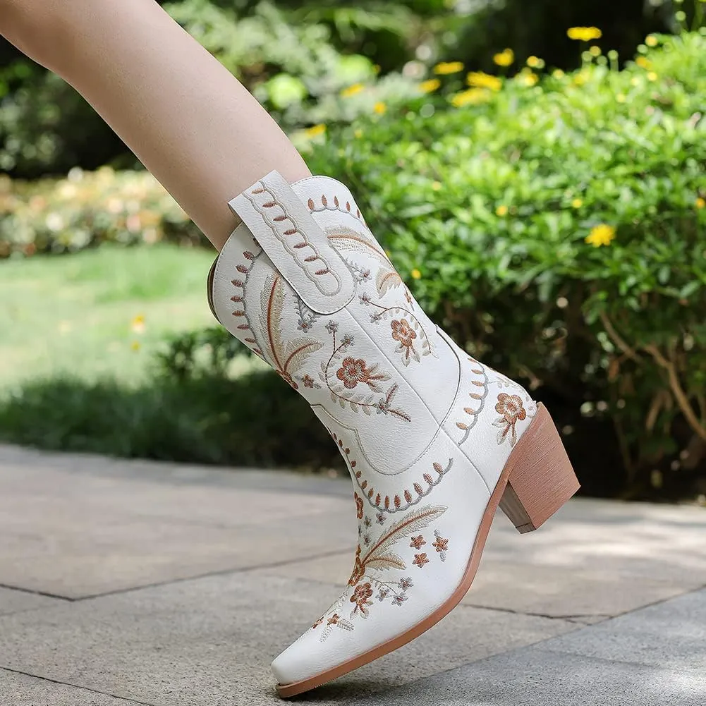 Womens Embroidered Cowgirl Boots Pull On Cowboy Boots for Women Floral Low Chunky Heel Western Boots