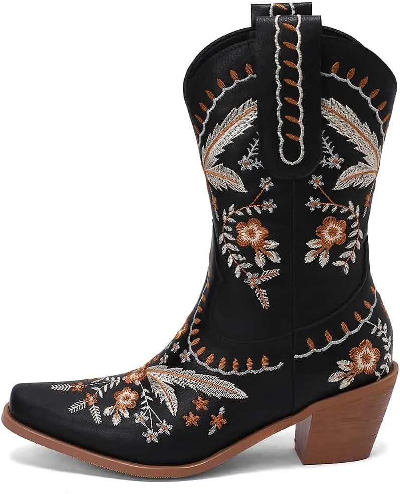 Womens Embroidered Cowgirl Boots Pull On Cowboy Boots for Women Floral Low Chunky Heel Western Boots