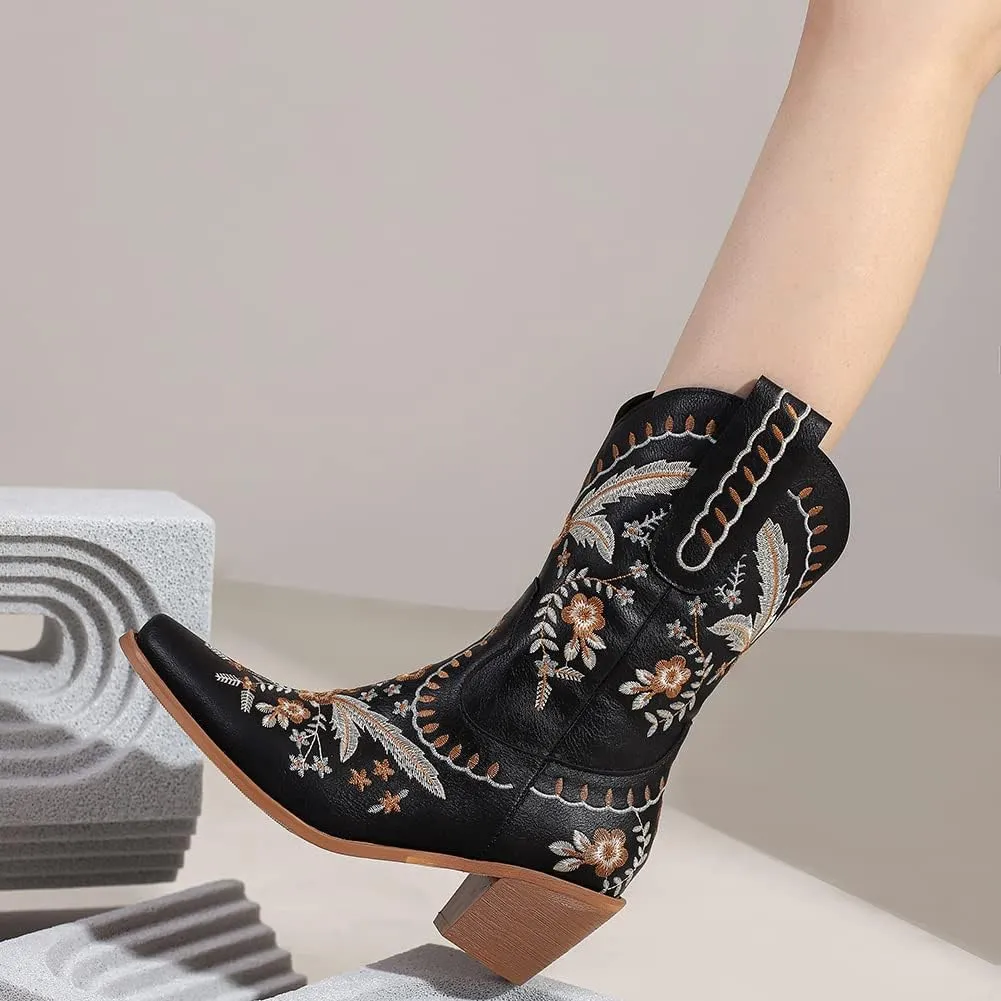 Womens Embroidered Cowgirl Boots Pull On Cowboy Boots for Women Floral Low Chunky Heel Western Boots