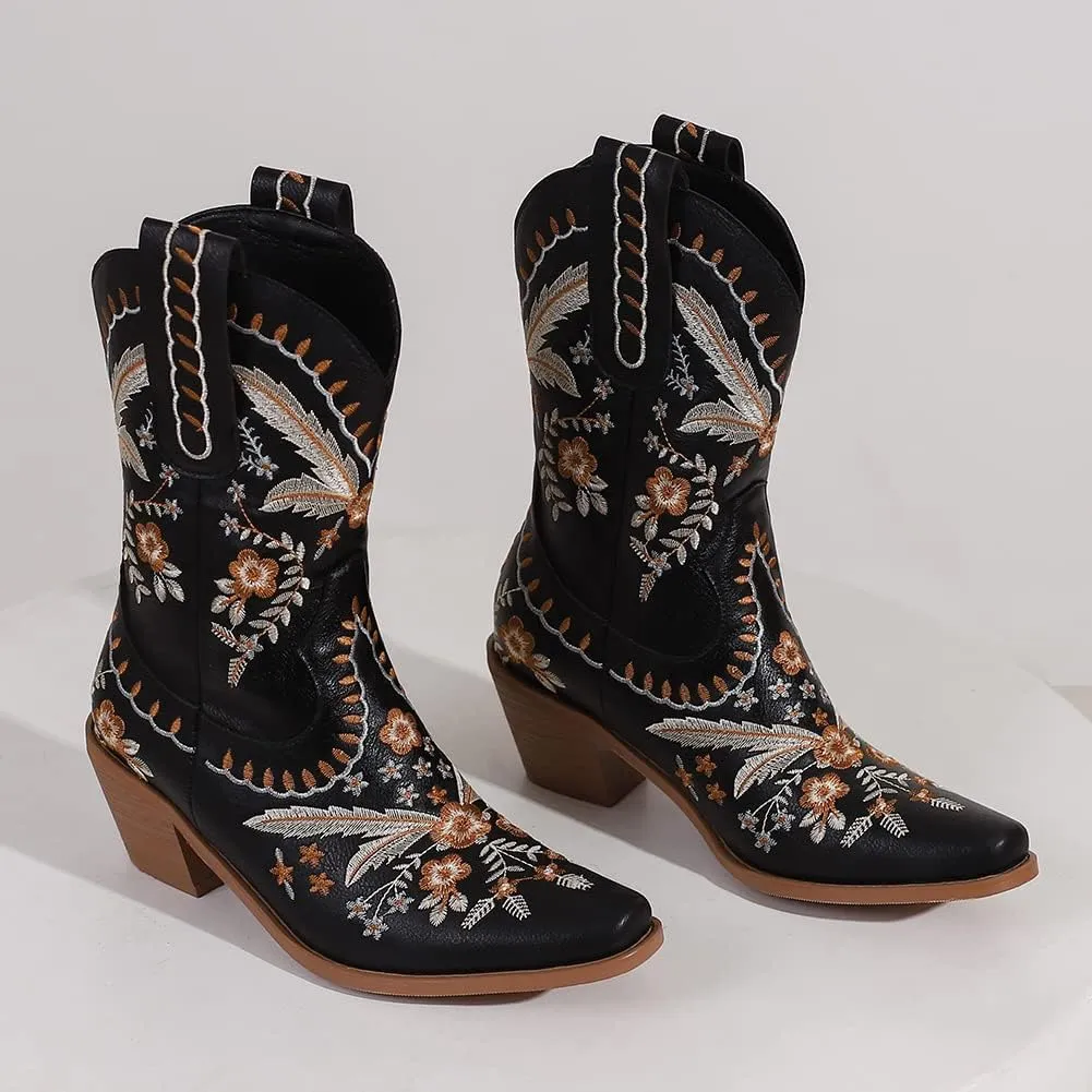 Womens Embroidered Cowgirl Boots Pull On Cowboy Boots for Women Floral Low Chunky Heel Western Boots