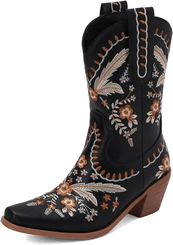 Womens Embroidered Cowgirl Boots Pull On Cowboy Boots for Women Floral Low Chunky Heel Western Boots