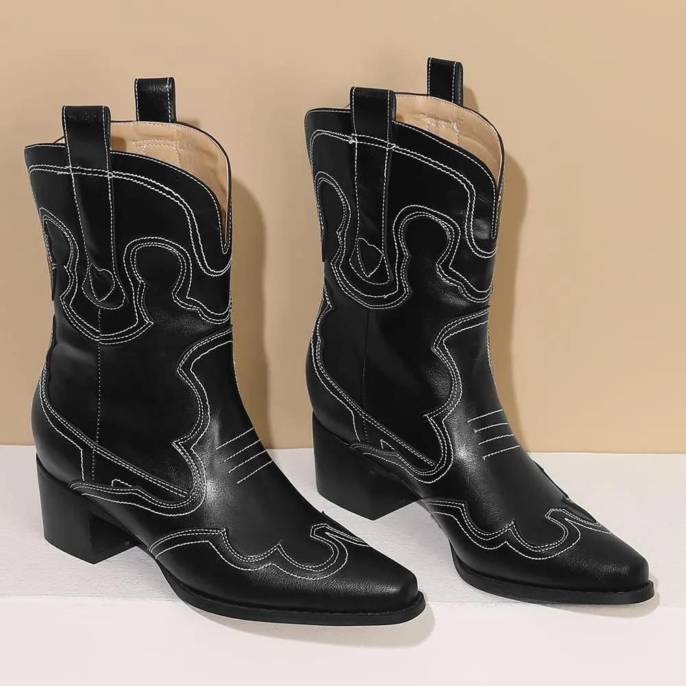 Womens Embroidered Cowgirl Boots Pull On Cowboy Boots for Women Floral Low Chunky Heel Western Boots