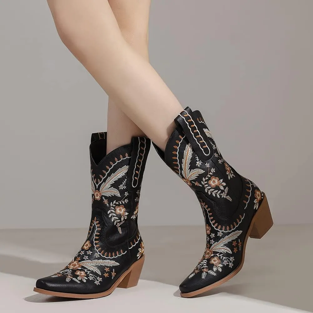 Womens Embroidered Cowgirl Boots Pull On Cowboy Boots for Women Floral Low Chunky Heel Western Boots