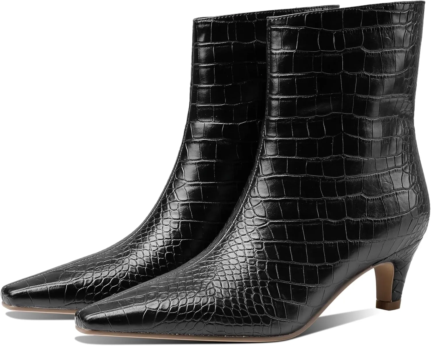 Women's Fashion Low Heel Ankle Boots Square Toe Slip On Kitten Heel Bootie Crocodile Animal Print Faux Suede Matte Leather 2 Inches Heel Party Boots