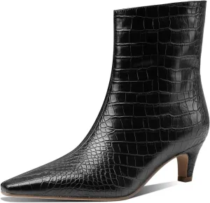 Women's Fashion Low Heel Ankle Boots Square Toe Slip On Kitten Heel Bootie Crocodile Animal Print Faux Suede Matte Leather 2 Inches Heel Party Boots