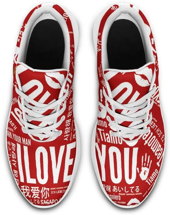 Womens Floral Walking Shoes Love Heart Print Mesh Breathable Comfort Walking Sneaker Sports Athletic Training Tennis Shoes