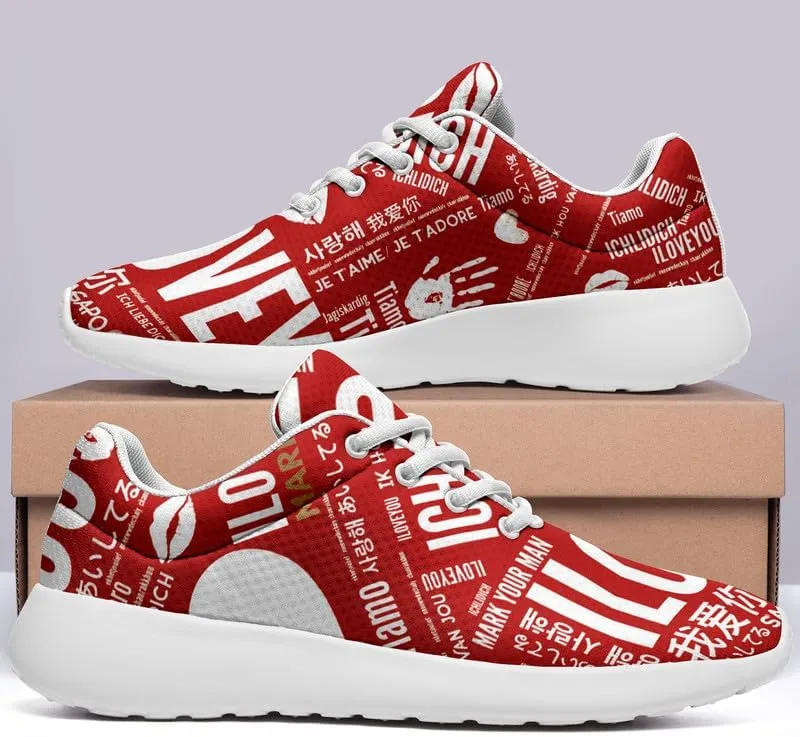 Womens Floral Walking Shoes Love Heart Print Mesh Breathable Comfort Walking Sneaker Sports Athletic Training Tennis Shoes