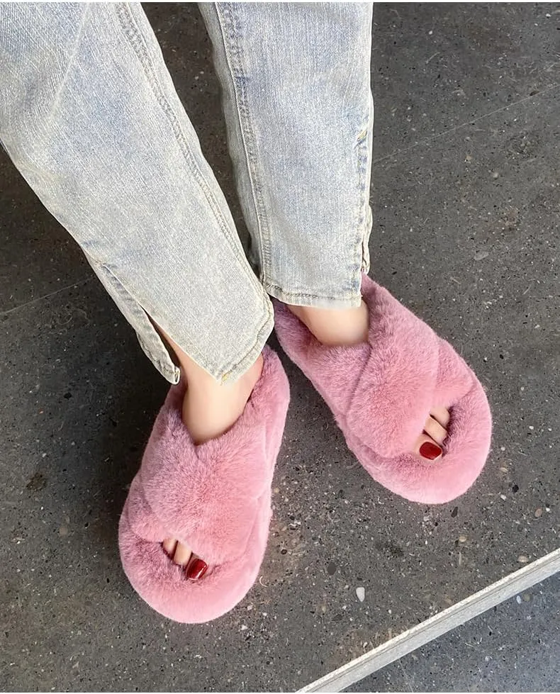Women’s Fuzzy Memory Foam Slippers Soft House Slippers Cross Band Cozy Plush Furry Warm Home Slippers Fluffy Open Toe House Shoes Comfy Indoor Outdoor Slide Slipper Best Gift Idea