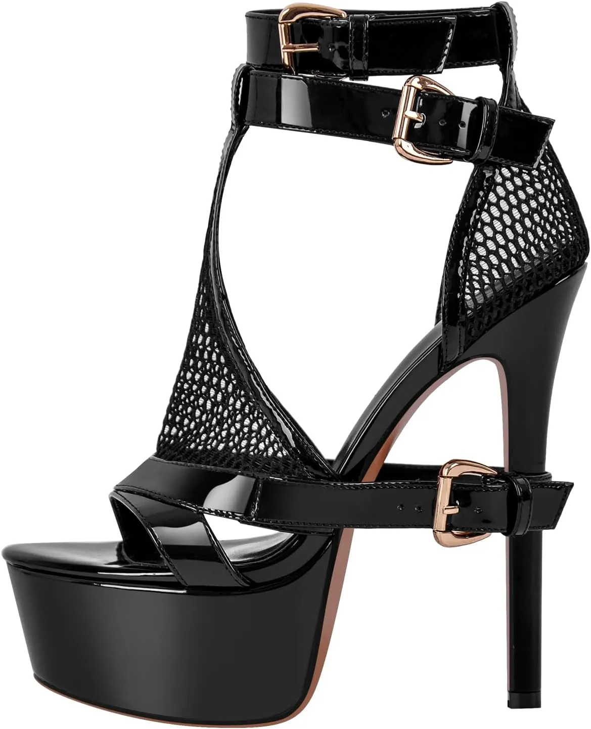 Women's High Stiletto Heels Platform Mesh Buckle Open Toe Ankle Strap Dress Shoes Sandals