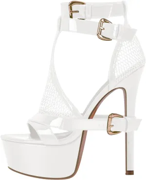 Women's High Stiletto Heels Platform Mesh Buckle Open Toe Ankle Strap Dress Shoes Sandals