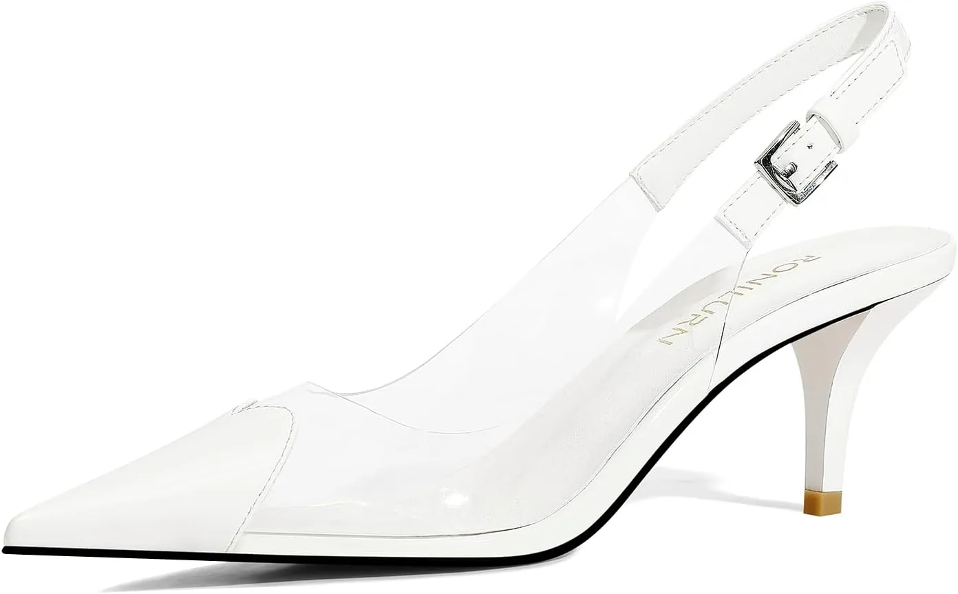 Women's Kitten Heels Clear Slingback Closed Pointed Toe Pumps Low Heel Dress Shoes Sling Back Comfortable Transparent PVC