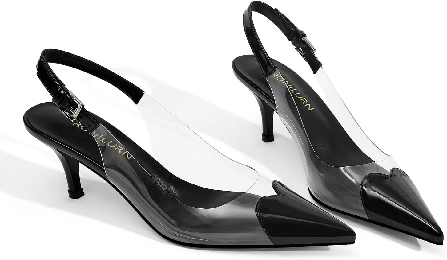Women's Kitten Heels Clear Slingback Closed Pointed Toe Pumps Low Heel Dress Shoes Sling Back Comfortable Transparent PVC