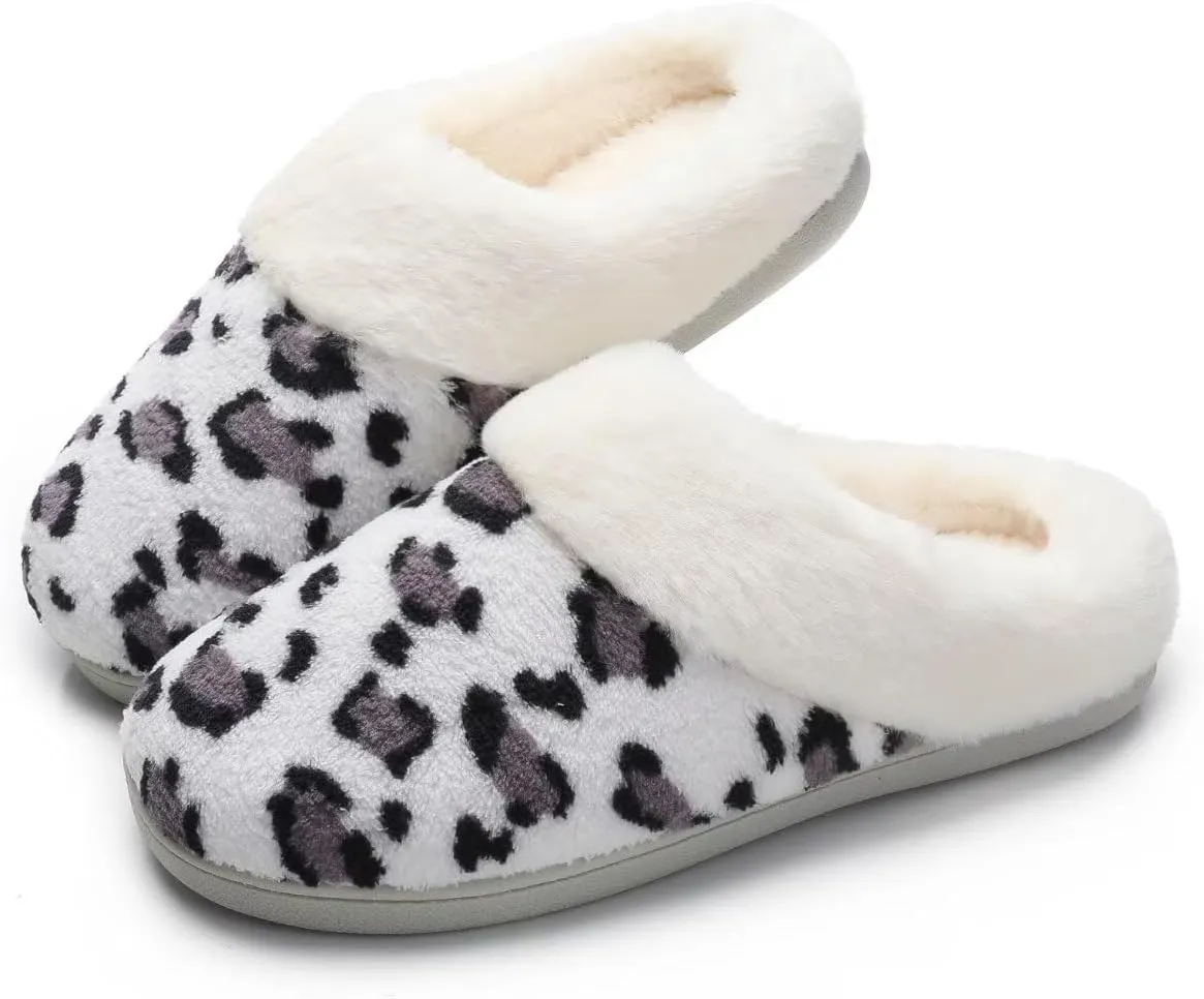 Women's Leopard Slippers Coral Fleece Lined Knitted Plush Fabric Comfy Memory Foam Anti-Skid Home Shoes Indoor Outdoor