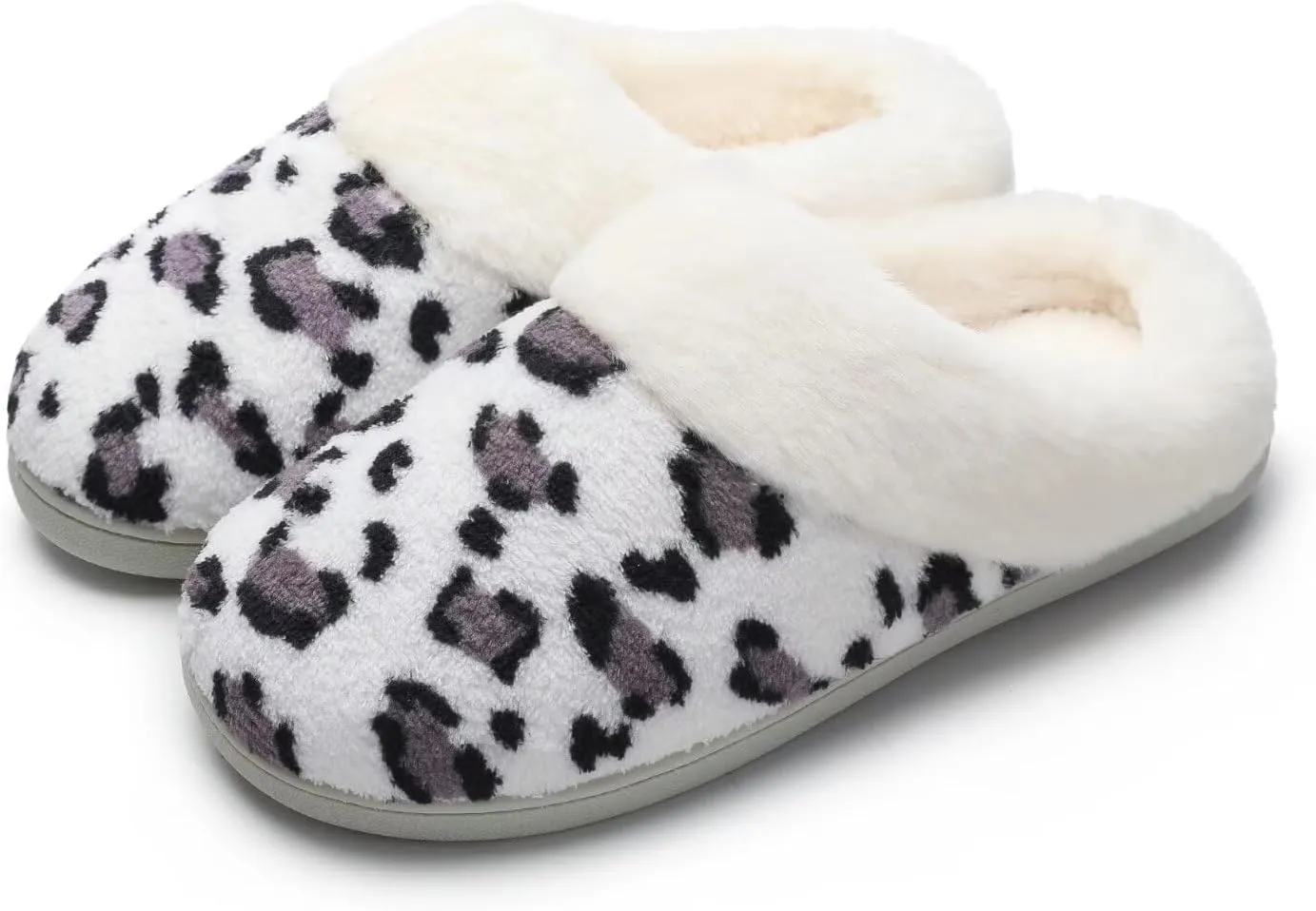 Women's Leopard Slippers Coral Fleece Lined Knitted Plush Fabric Comfy Memory Foam Anti-Skid Home Shoes Indoor Outdoor