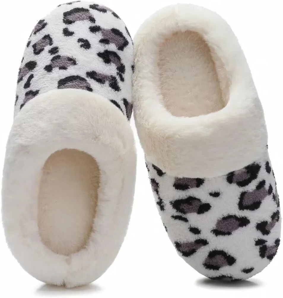 Women's Leopard Slippers Coral Fleece Lined Knitted Plush Fabric Comfy Memory Foam Anti-Skid Home Shoes Indoor Outdoor