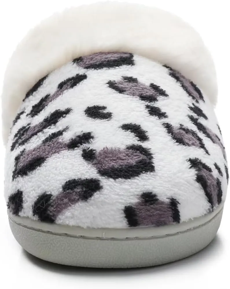 Women's Leopard Slippers Coral Fleece Lined Knitted Plush Fabric Comfy Memory Foam Anti-Skid Home Shoes Indoor Outdoor