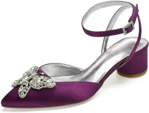 Women's Low Chunky Heels for Women Closed Toe Rhinestones Wedding Shoes for Bride Satin Dressy Prom Pumps
