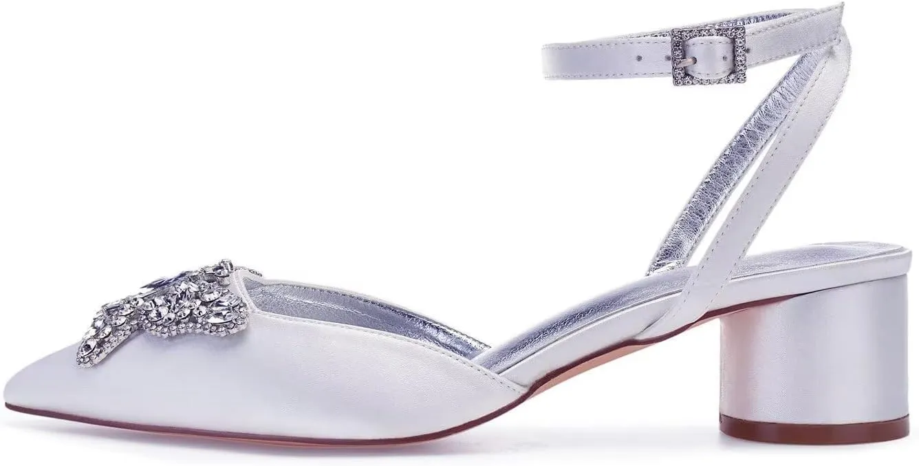 Women's Low Chunky Heels for Women Closed Toe Rhinestones Wedding Shoes for Bride Satin Dressy Prom Pumps