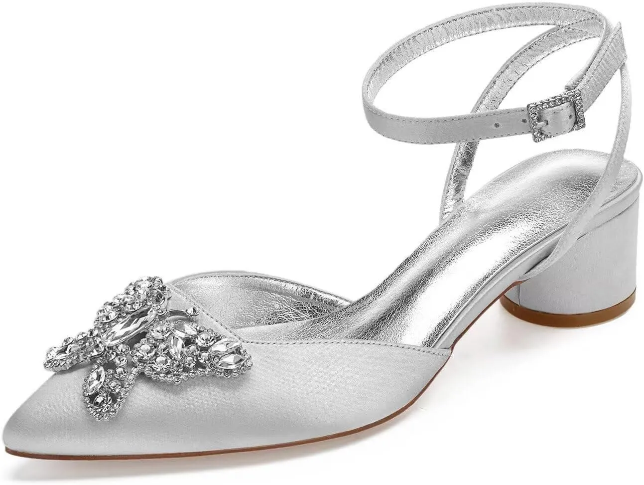 Women's Low Chunky Heels for Women Closed Toe Rhinestones Wedding Shoes for Bride Satin Dressy Prom Pumps