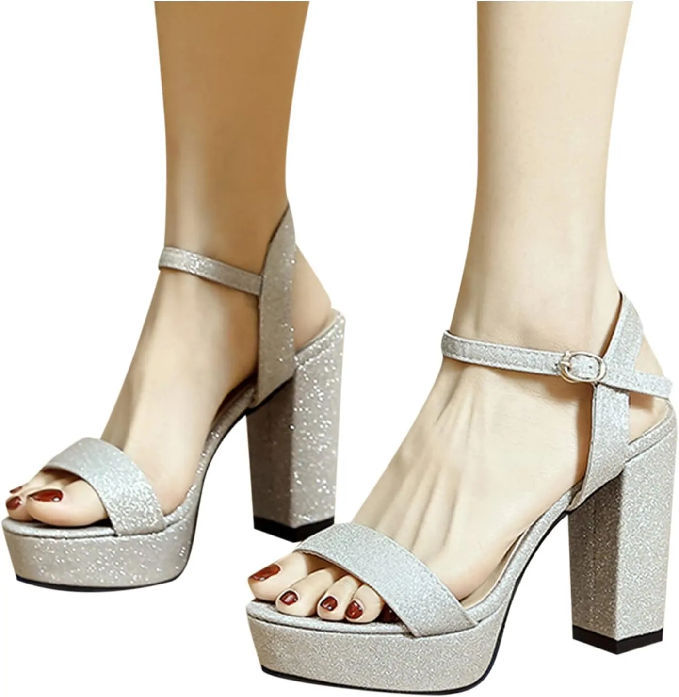 Womens Open Toe Chunky Sandals Classic Casual Strap Buckle High Heels Platform Sandals Sexy Shiny Surface Ladies Thick Heel Shoes Sandalias