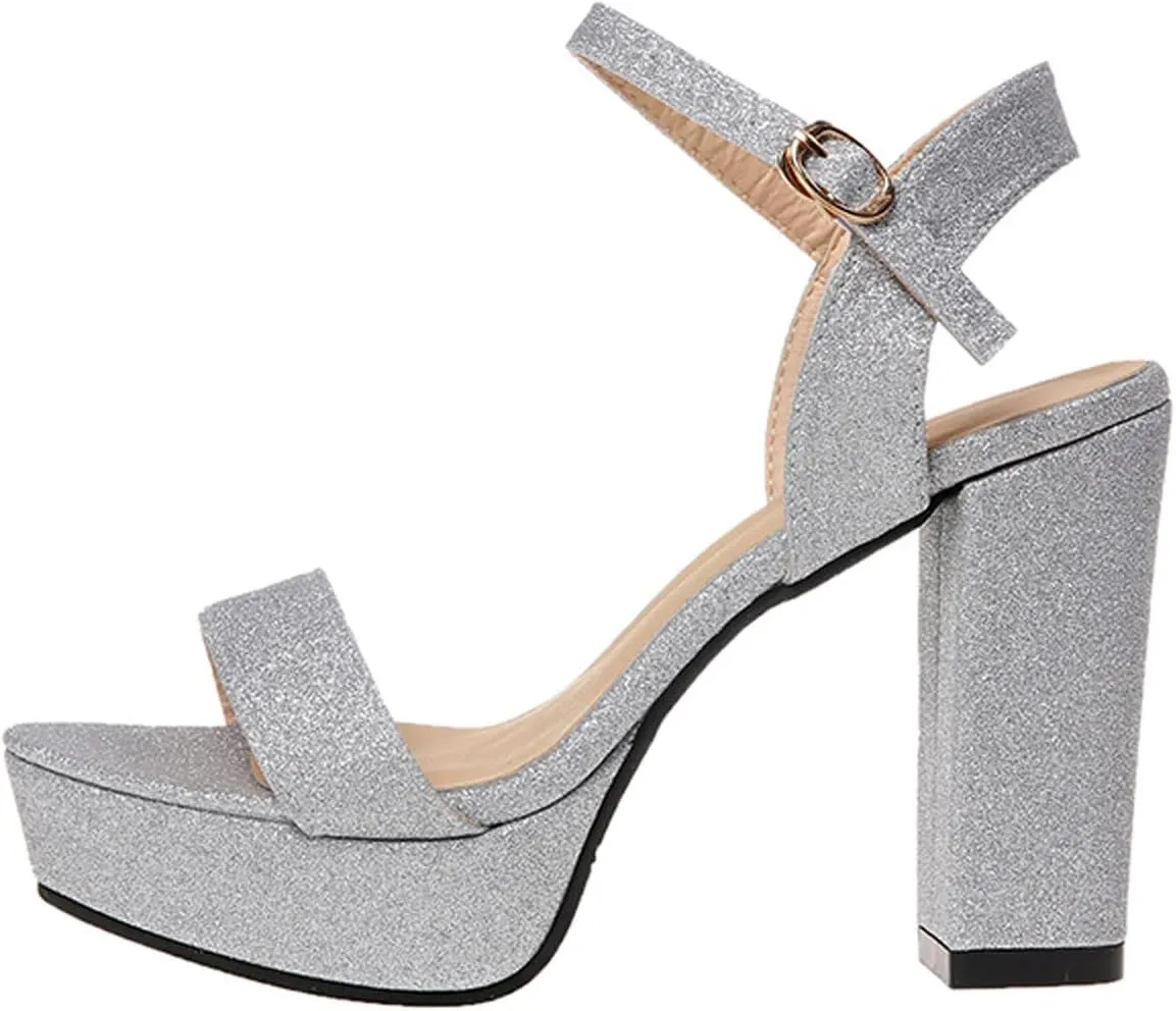 Womens Open Toe Chunky Sandals Classic Casual Strap Buckle High Heels Platform Sandals Sexy Shiny Surface Ladies Thick Heel Shoes Sandalias