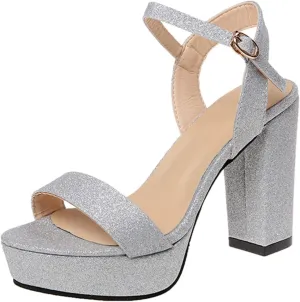 Womens Open Toe Chunky Sandals Classic Casual Strap Buckle High Heels Platform Sandals Sexy Shiny Surface Ladies Thick Heel Shoes Sandalias