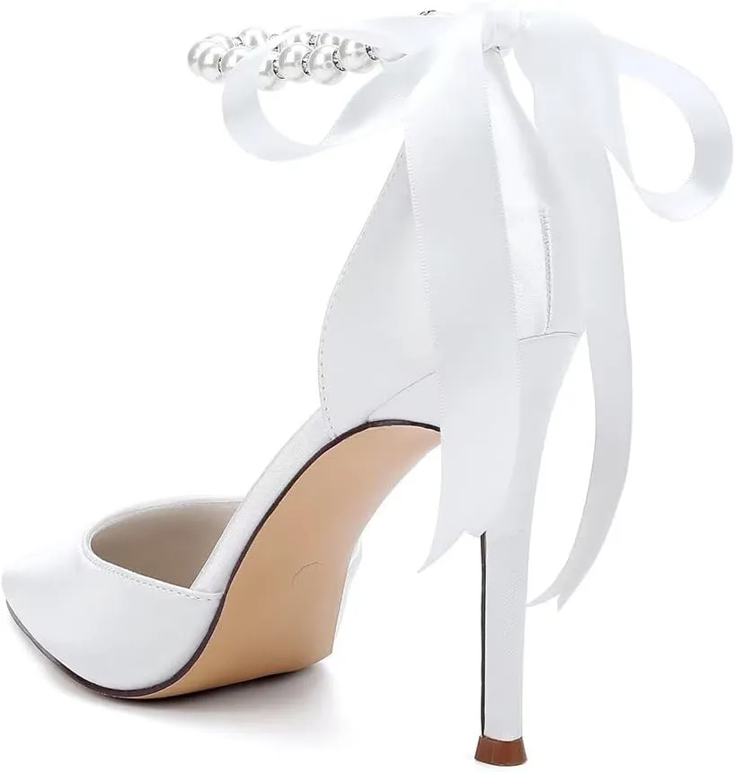 Women's Pearl Wedding Shoes for Bride High Heel Bridal Shoes Closed Pointy Toe Satin Wedding Dress Pumps